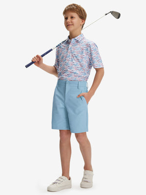 Full front: model in sky blue boys lightweight dry fit flat front golf shorts holding golf club.