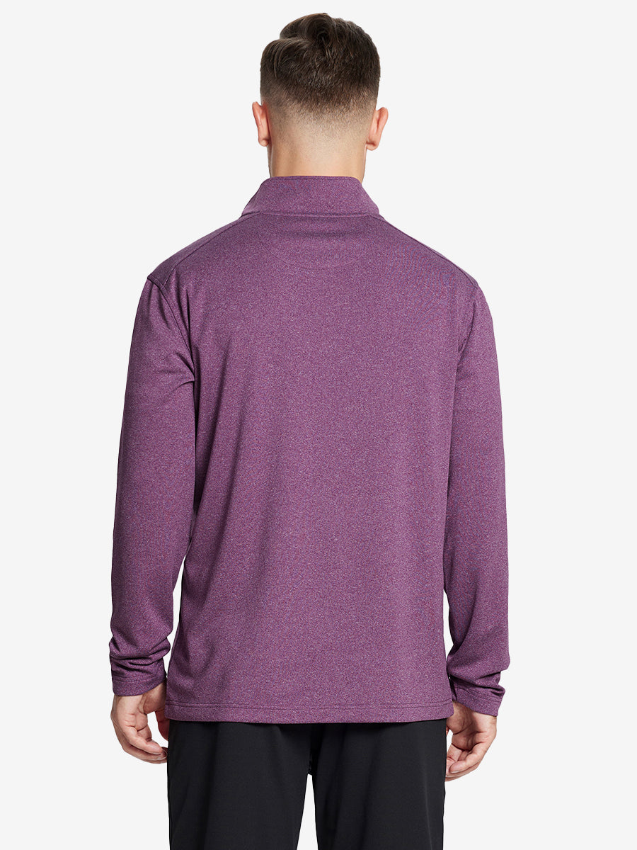 Back half-body view, model showcasing fit of DARK PURPLE MELANGE Moisture Wicking Quarter Zip Pullover.