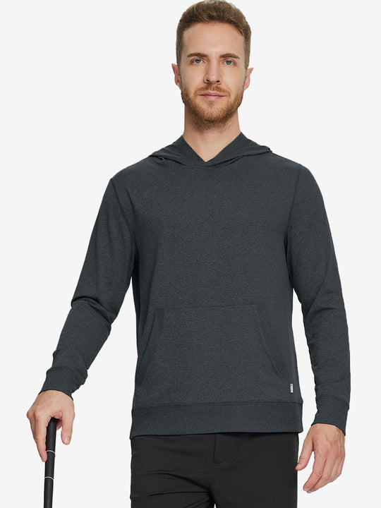 Model holding a golf club, dressed in the Brick Heather Athletic Golf Hoodie with a sleek fit.