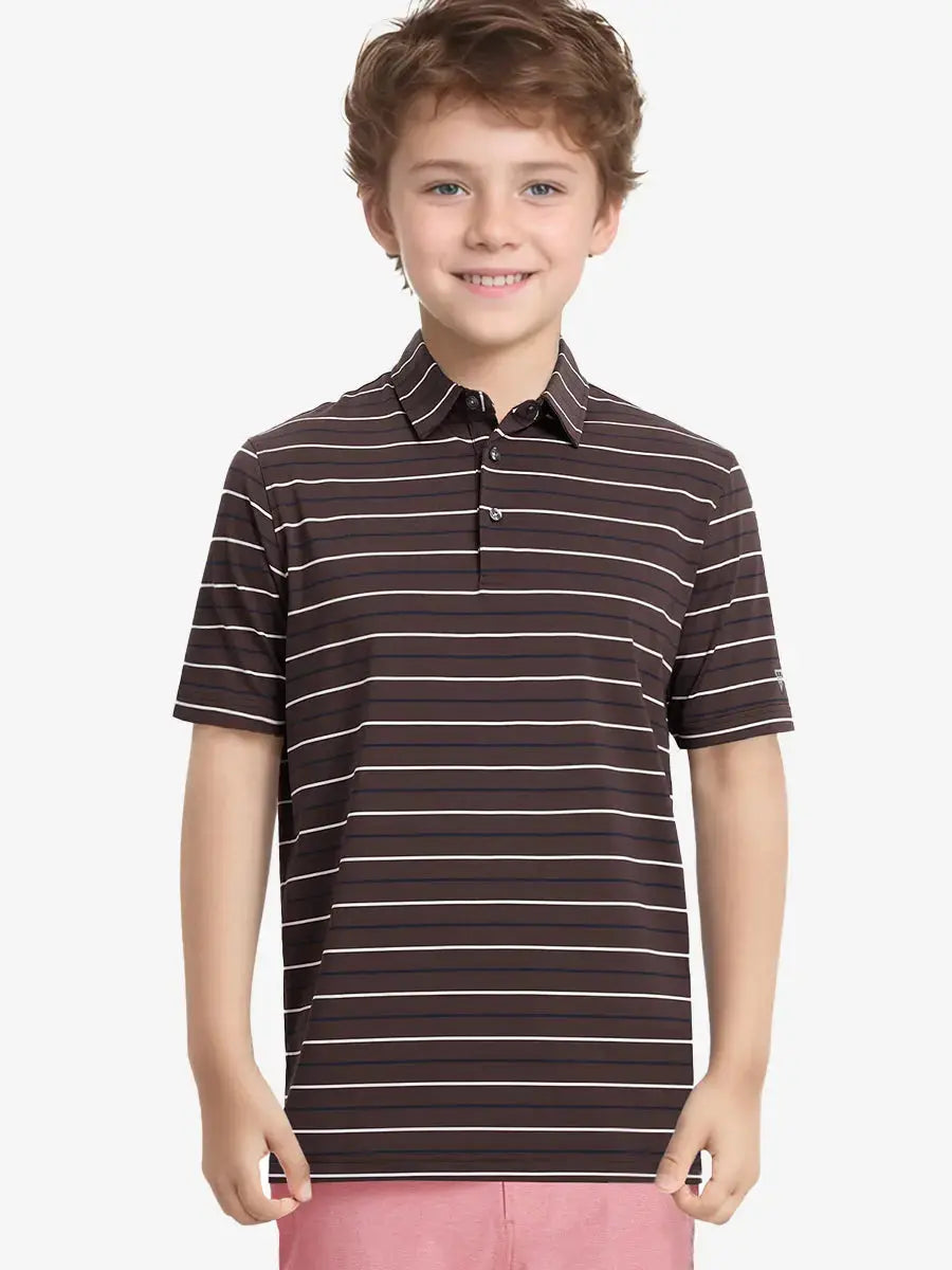Half-body front view of child in BROWN STRIPE Kids Stylish Stripe Polo Shirt.