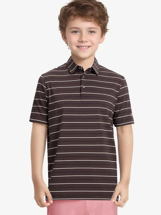 Half-body front view of child in BROWN STRIPE Kids Stylish Stripe Polo Shirt.