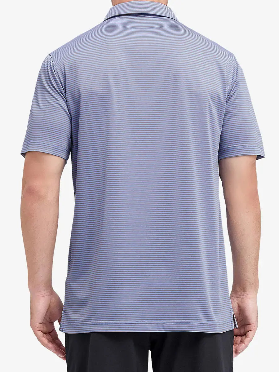 Rear half-body shot of Cooling Stripe Golf Shirt in BLUISHYELLOW STRIPE, showcasing stripe alignment and fit