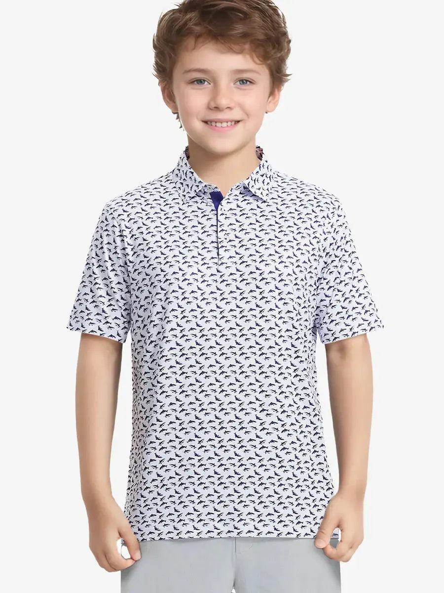 Front half-body shot of boy model in WHITE PURPLE SHARK Performance Print Boys Golf Polo, ready for golf