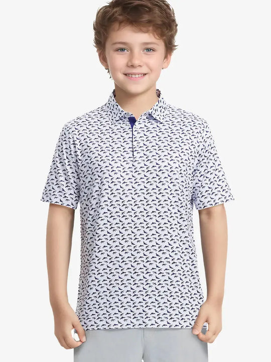 Front half-body shot of boy model in WHITE PURPLE SHARK Performance Print Boys Golf Polo, ready for golf