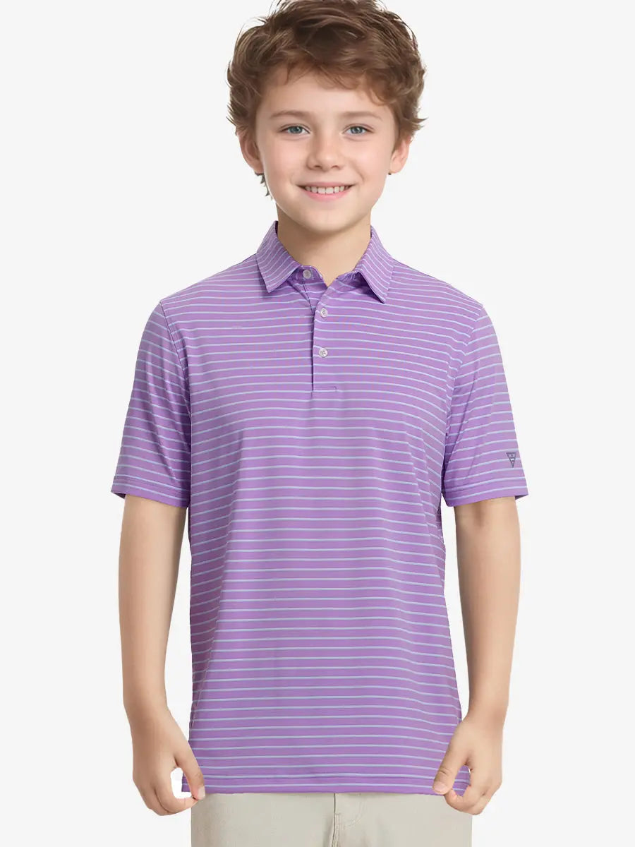 Half-body front view of model in LILAC/LIGHT BLUE STRIPE Youth Performance Golf Polo.