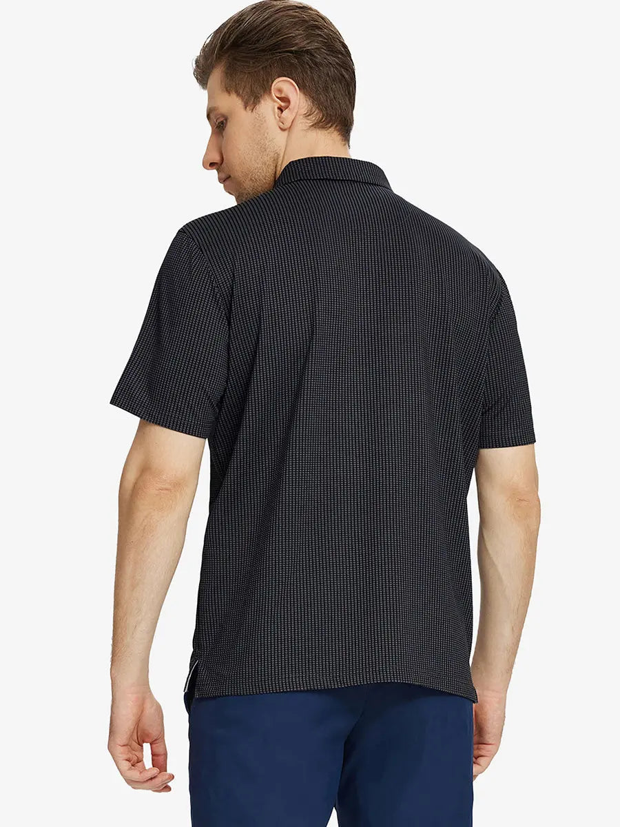 Back half-body view of model wearing BLACK Elegant Performance Jacquard Polo