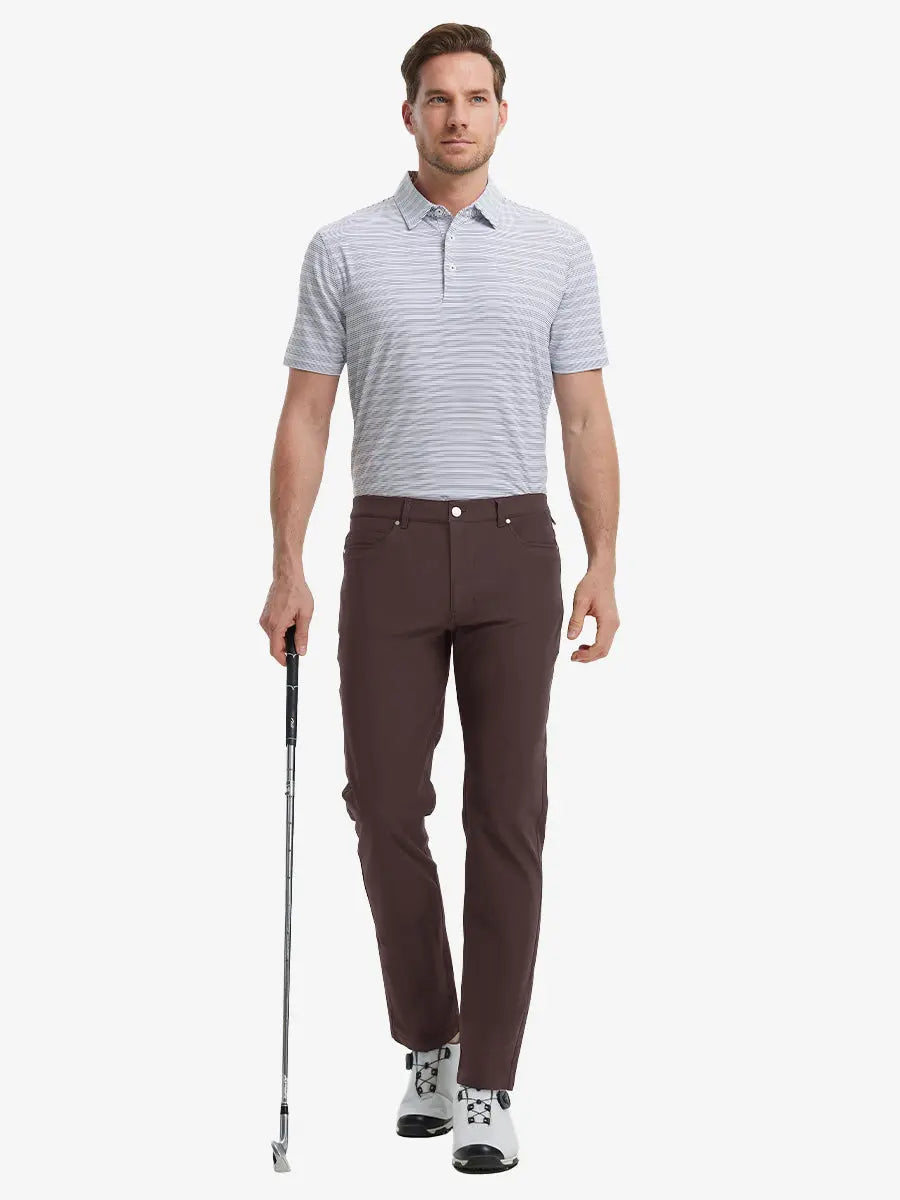 Full-body front shot with golf club, styled in Stretch Plain Everyday Pants – DARK BROWN