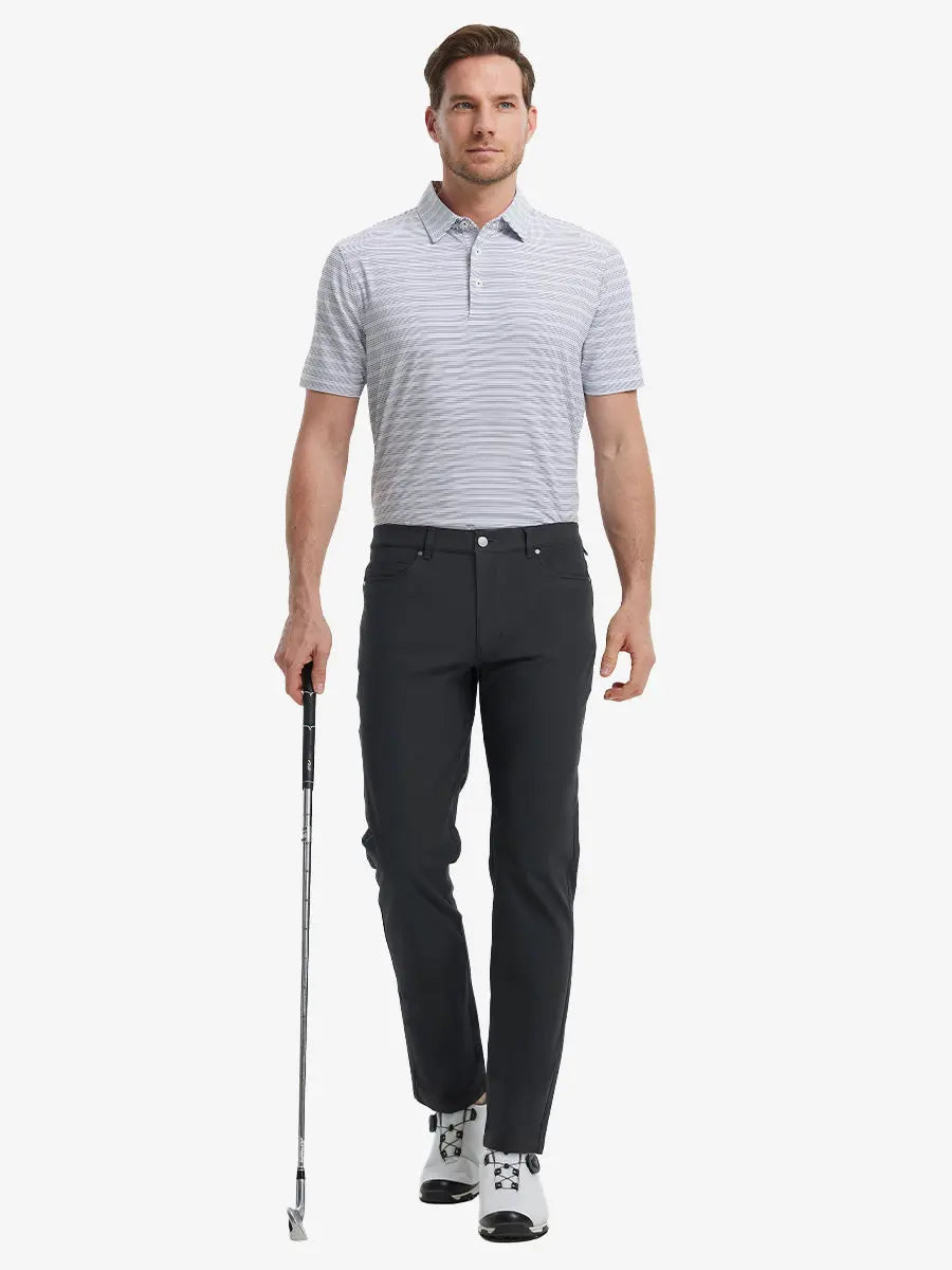 Full-body front shot with golf club, styled in Stretch Plain Everyday Pants – BLACK