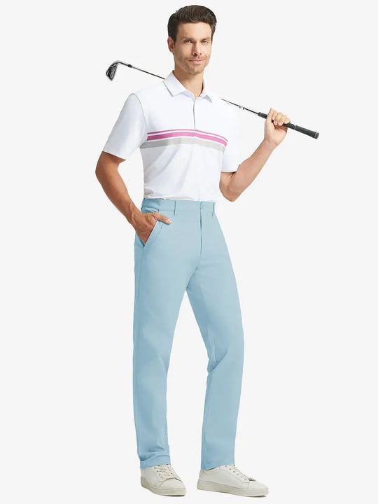 Full front view of model in Water Repellent 8 Pockets Pants LIGHT BLUE，ready for golf with club in hand.