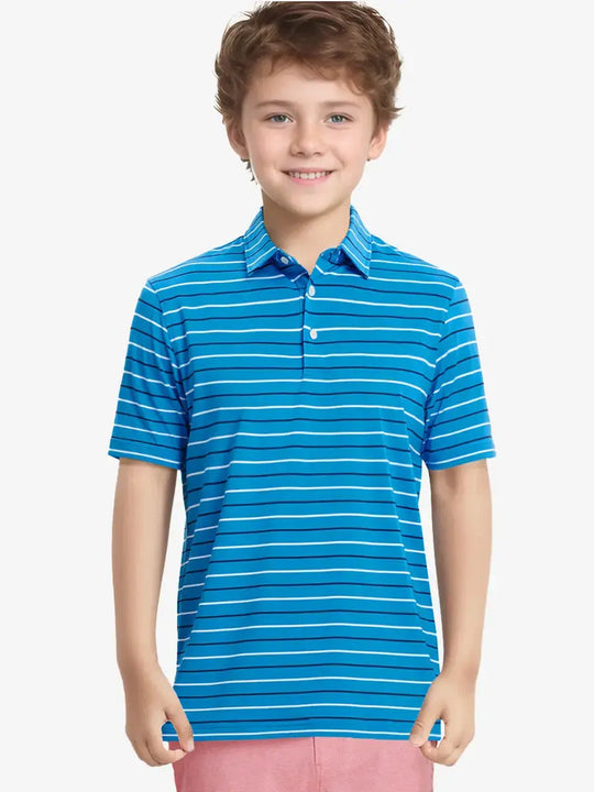 Half-body front view of child in CLASSIC BLUE STRIPE Kids Stylish Stripe Polo Shirt.