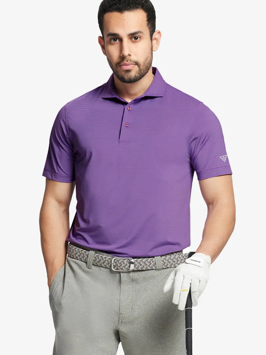 Model in LILAC STRIPE Pinstripe Jersey Performance Polo holding golf club, front half-body view								
