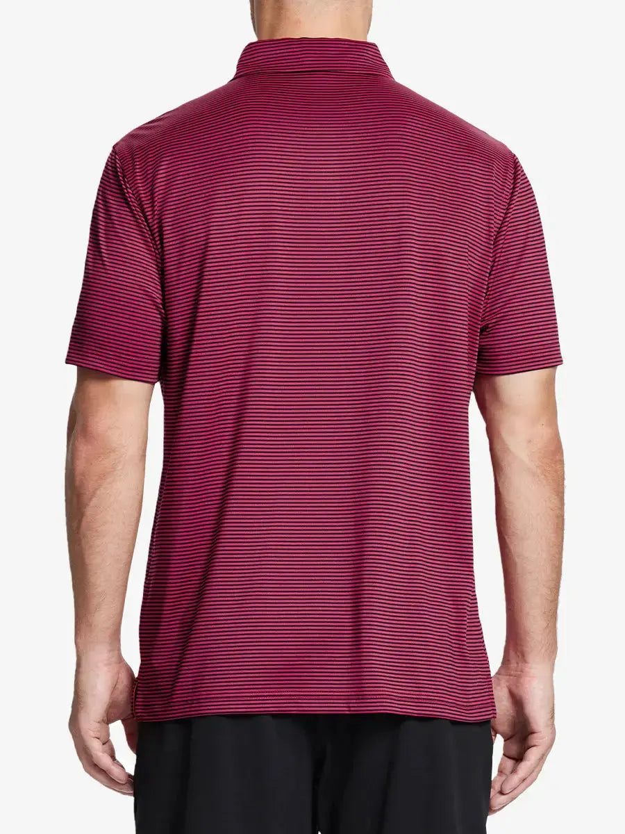 Upper back view of RED STRIPE shirt: athletic fit meets eye-catching red stripe layout