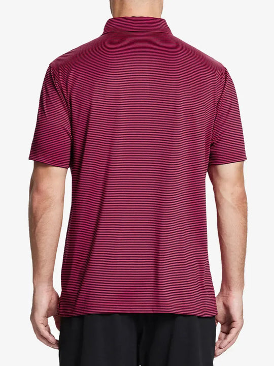 Upper back view of RED STRIPE shirt: athletic fit meets eye-catching red stripe layout