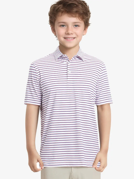 Half-body front view of model in WHITE/NAVY STRIPE Youth Performance Golf Polo.