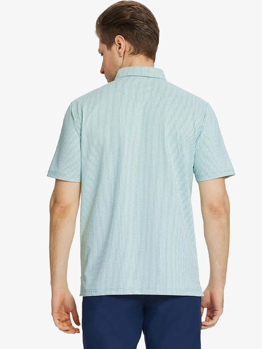 Back half-body view of model wearing EMERALD Elegant Performance Jacquard Polo