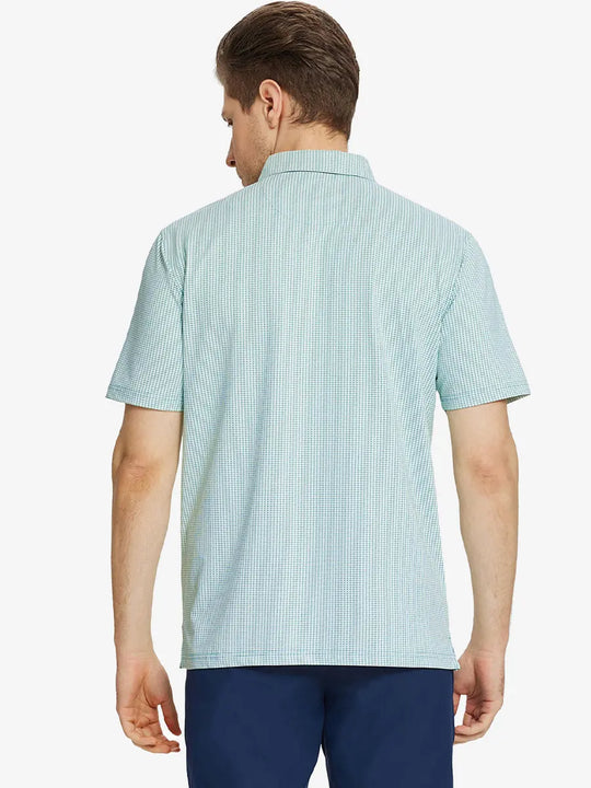 Back half-body view of model wearing EMERALD Elegant Performance Jacquard Polo