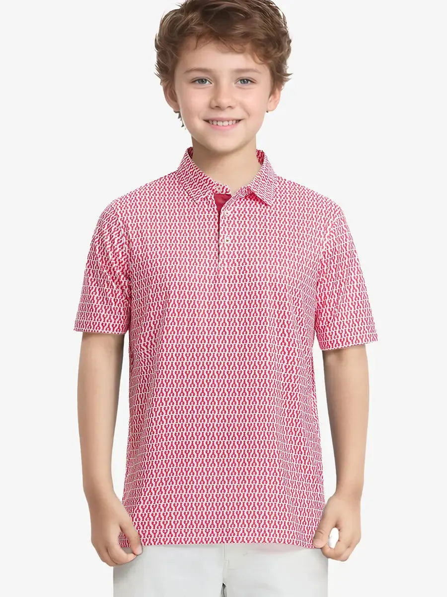 Boy swinging golf club wearing RED LOBSTER polo with confident, playful style