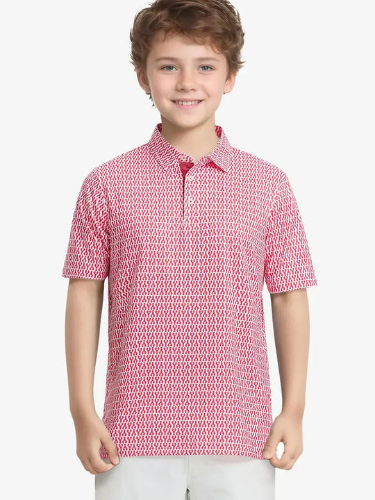Boy swinging golf club wearing RED LOBSTER polo with confident, playful style