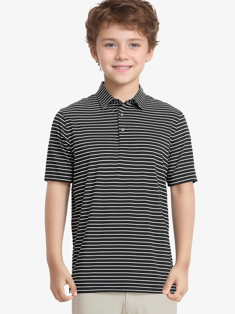 Half-body front view of model in BLACK/WHITE STRIPE Youth Performance Golf Polo.
