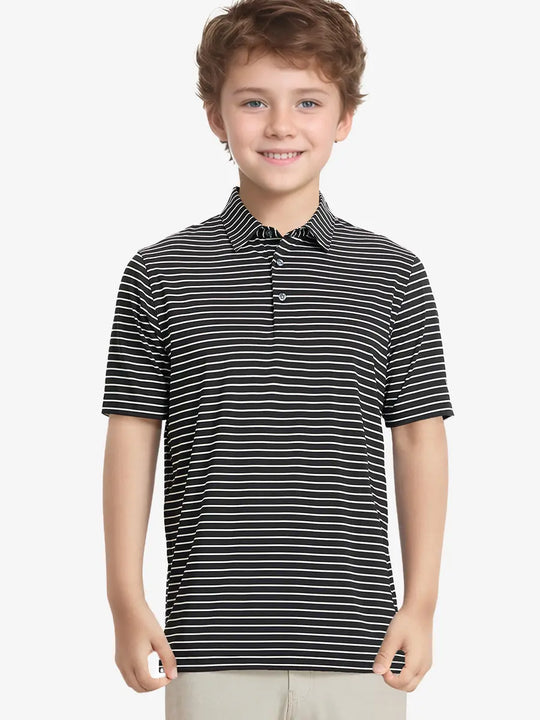Half-body front view of model in BLACK/WHITE STRIPE Youth Performance Golf Polo.