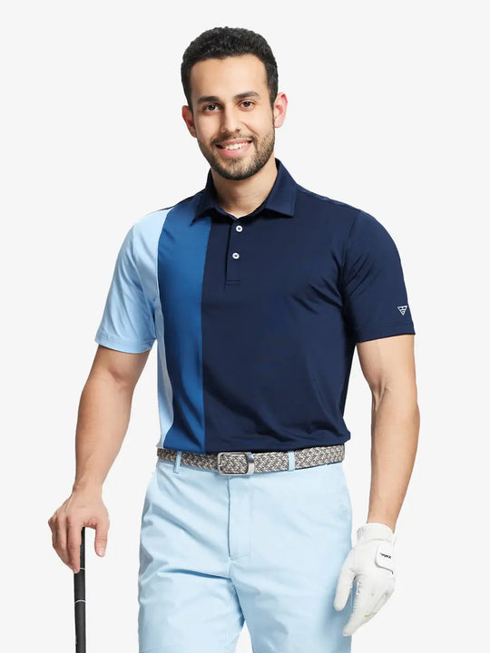 Half-body front view of model holding golf club wearing NAVY Moisture Wicking Color Block Polo Shirt.
