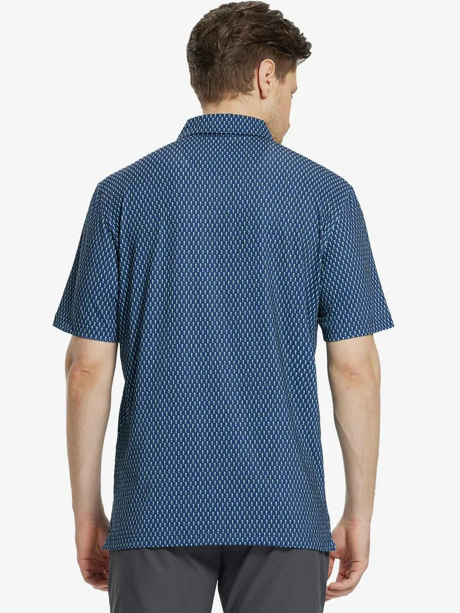 Back view of MAELREG Men's Performance Jersey Print Polo in Green Seahorse – athletic fit