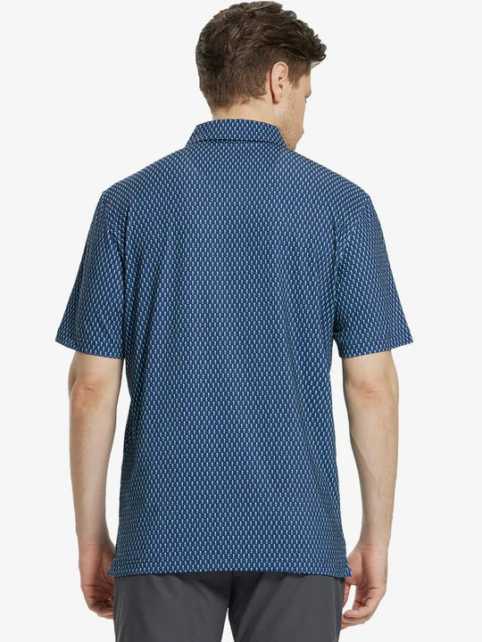 Back view of MAELREG Men's Performance Jersey Print Polo in Green Seahorse – athletic fit