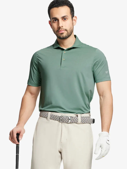Model in YELLOW STRIPE Pinstripe Jersey Performance Polo holding golf club, front half-body view								
