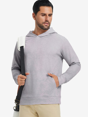 Model in light purple exclusive print kangaroo hoodies with hands in pocket, relaxed front upper view.