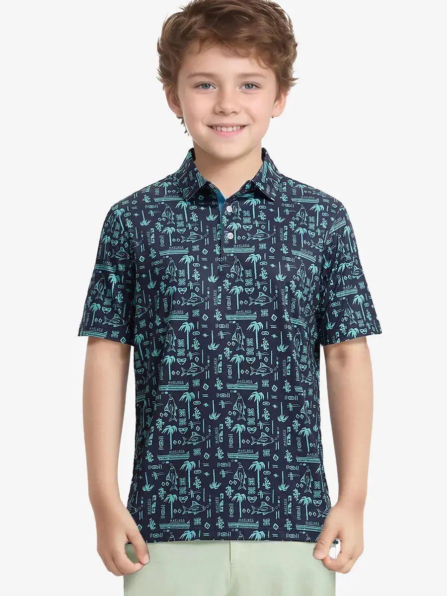 Youth golfer poses in NAVY OCEAN BEACH polo, blending sporty energy and calm vibes