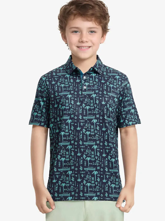 Youth golfer poses in NAVY OCEAN BEACH polo, blending sporty energy and calm vibes