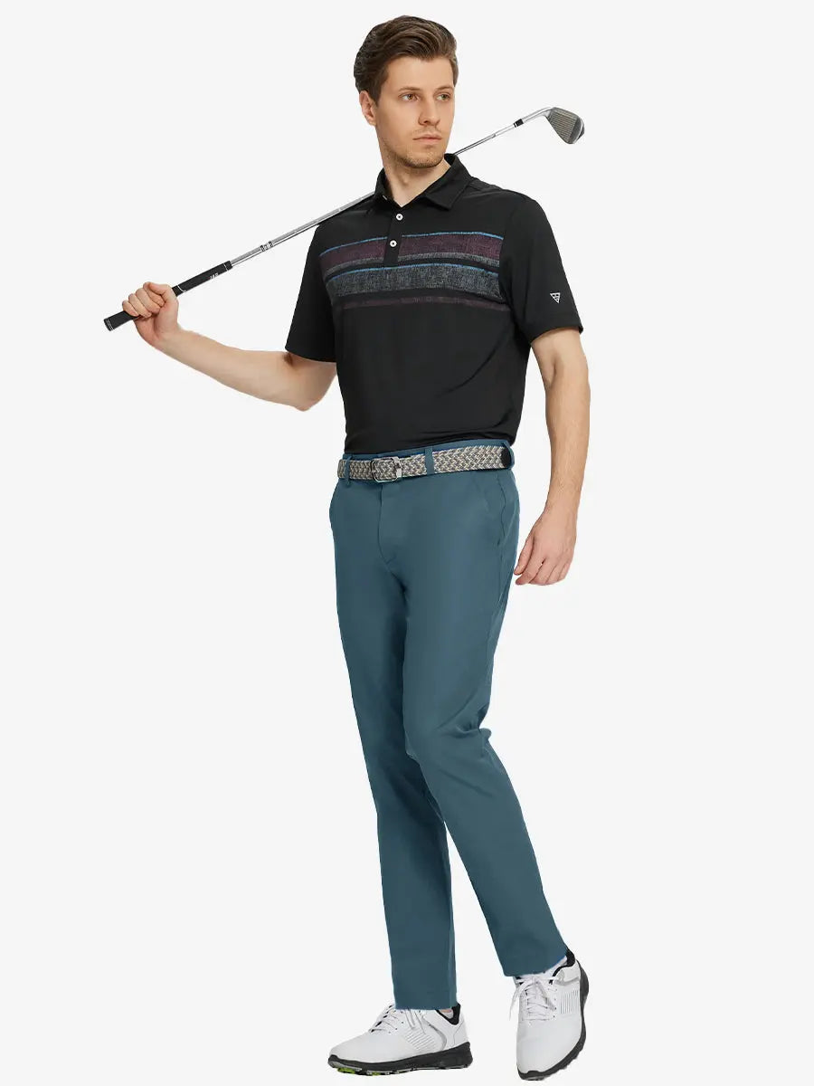 Full body front view of model wearing DARK TEAL Water Resistant Everyday Pants, holding a golf club