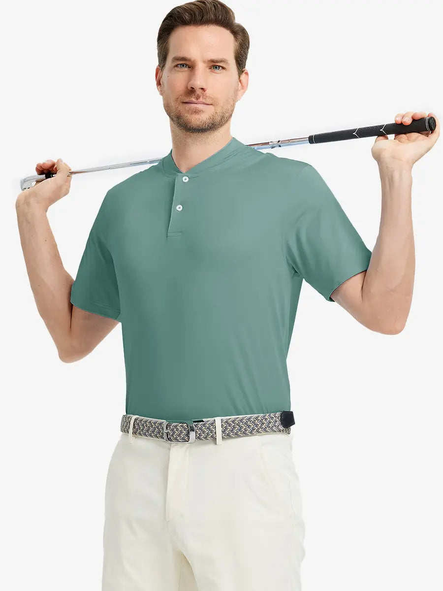 Front half-body view holding a golf club in Everyday Collarless Jersey Shirt in BERYL GREEN.