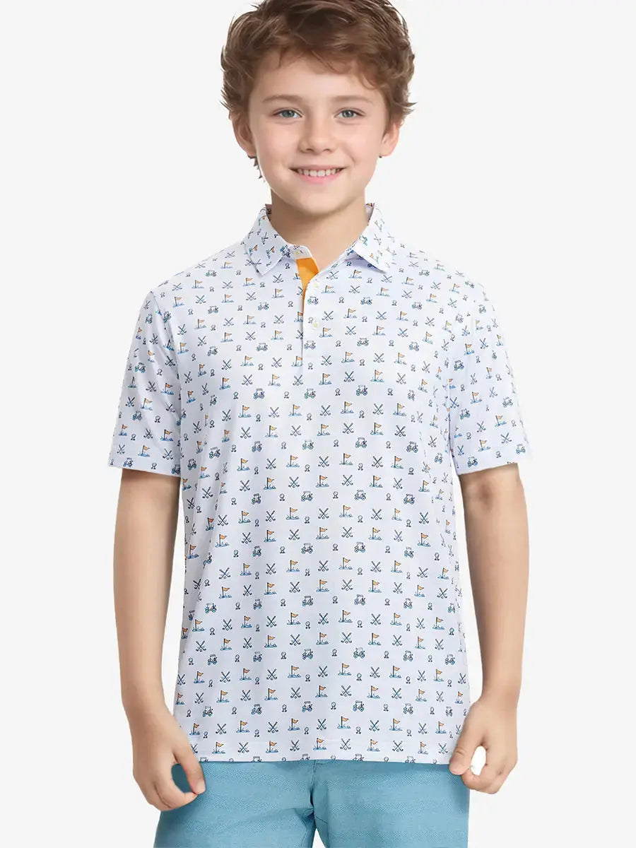 Front half-body shot of boy model in WHITE GOLF Performance Print Boys Golf Polo, ready for golf