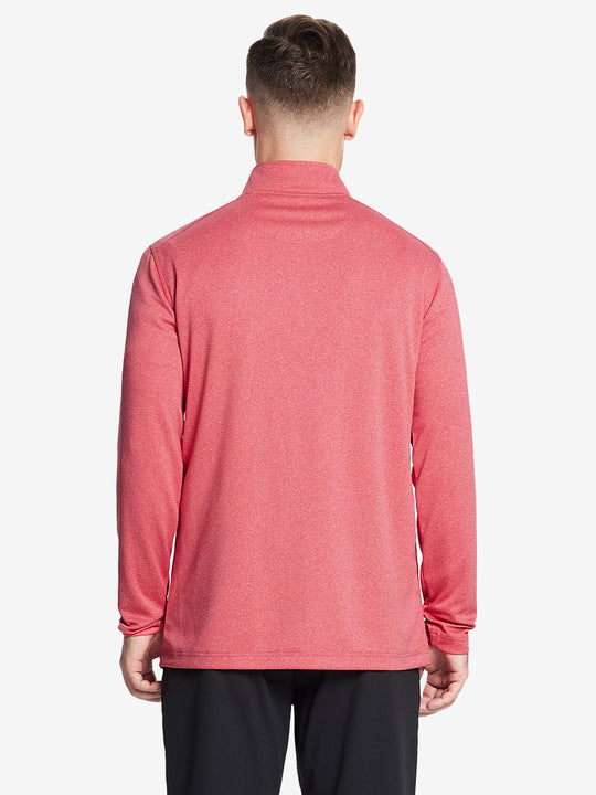 Back half-body view, model showcasing fit of RED MELANGE Moisture Wicking Quarter Zip Pullover.