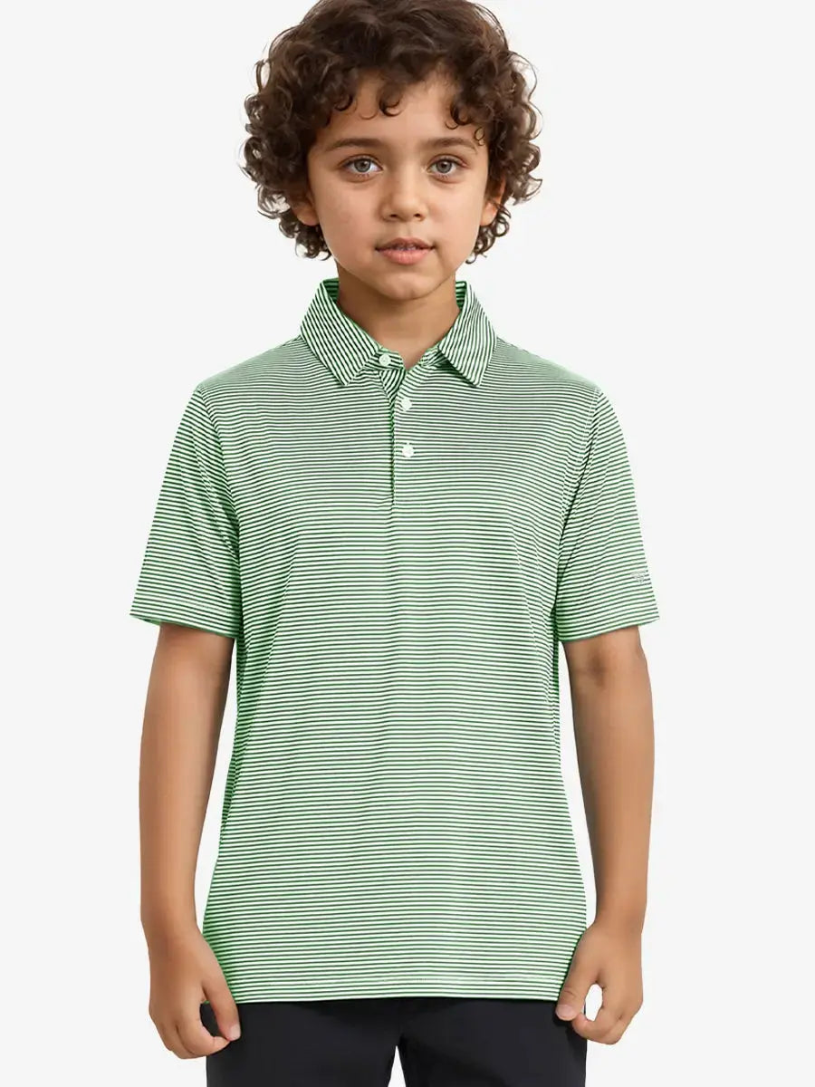 MAELREG Youth Polo – half-body front view, neutral pose in Emerald Stripe
