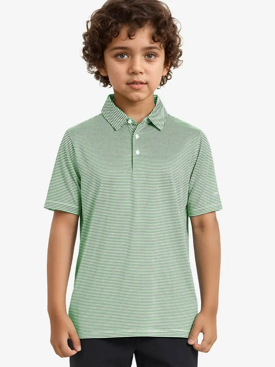MAELREG Youth Polo – half-body front view, neutral pose in Emerald Stripe