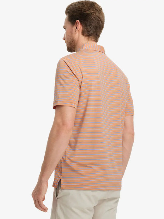 Back view of ORANGE/CAROLINA BLUE STRIPE Polo in a soft athletic fit