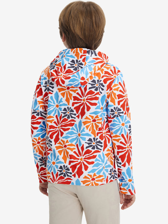 Back upper body view of model wearing youth full print stylish hoodies pullover, colorful flower.