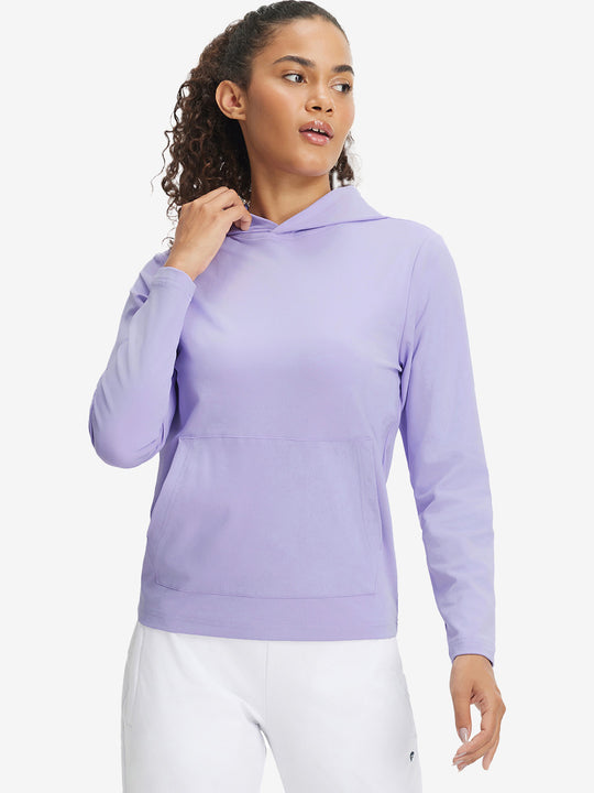 Model holding hoodie cap with both hands, wearing women's lightweight hoodies pullover in lavender.
