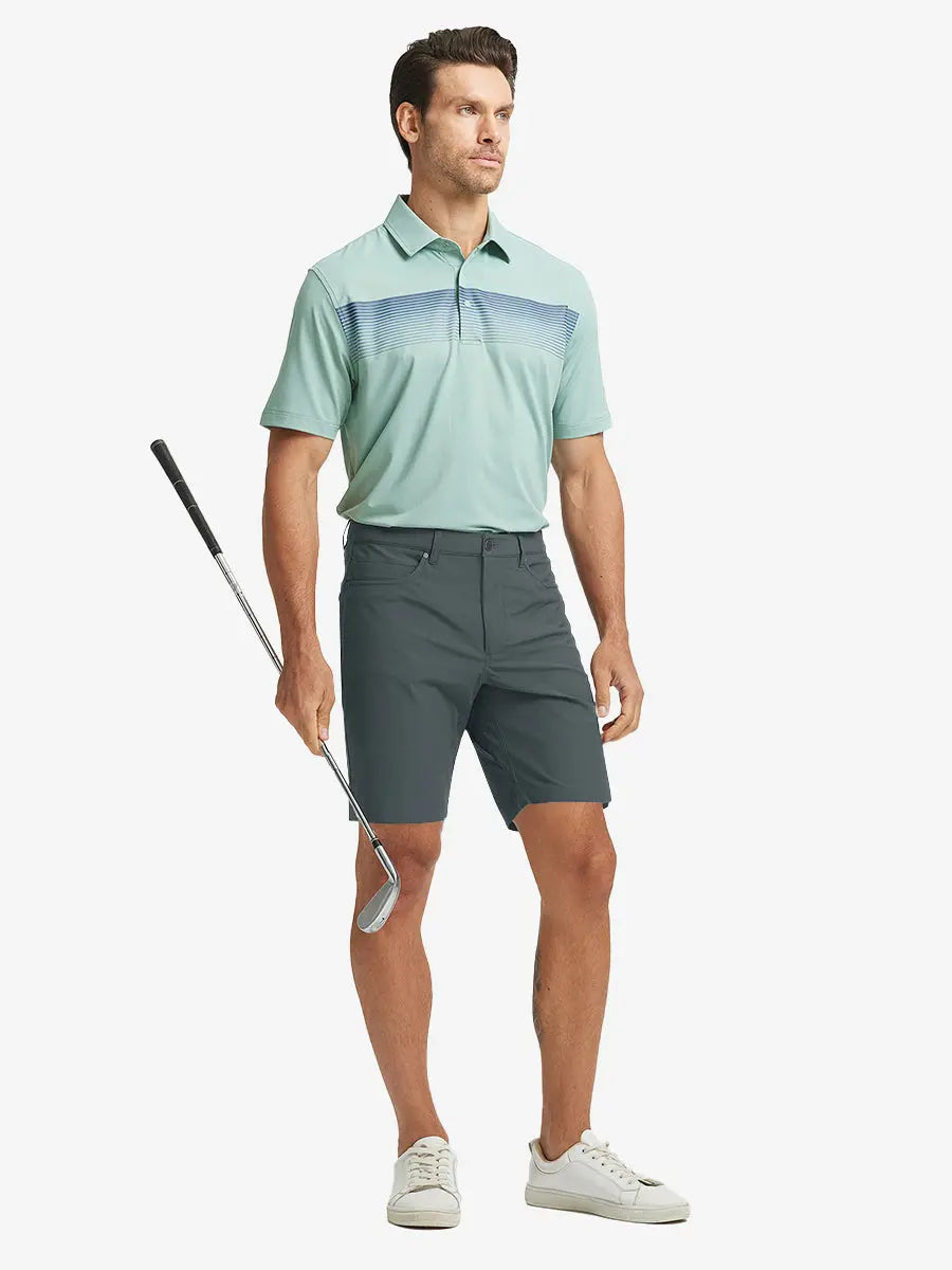 DARK GREY 4-way Stretch Performance Solid Shorts, golfer full-body front with club, 9 Inch length