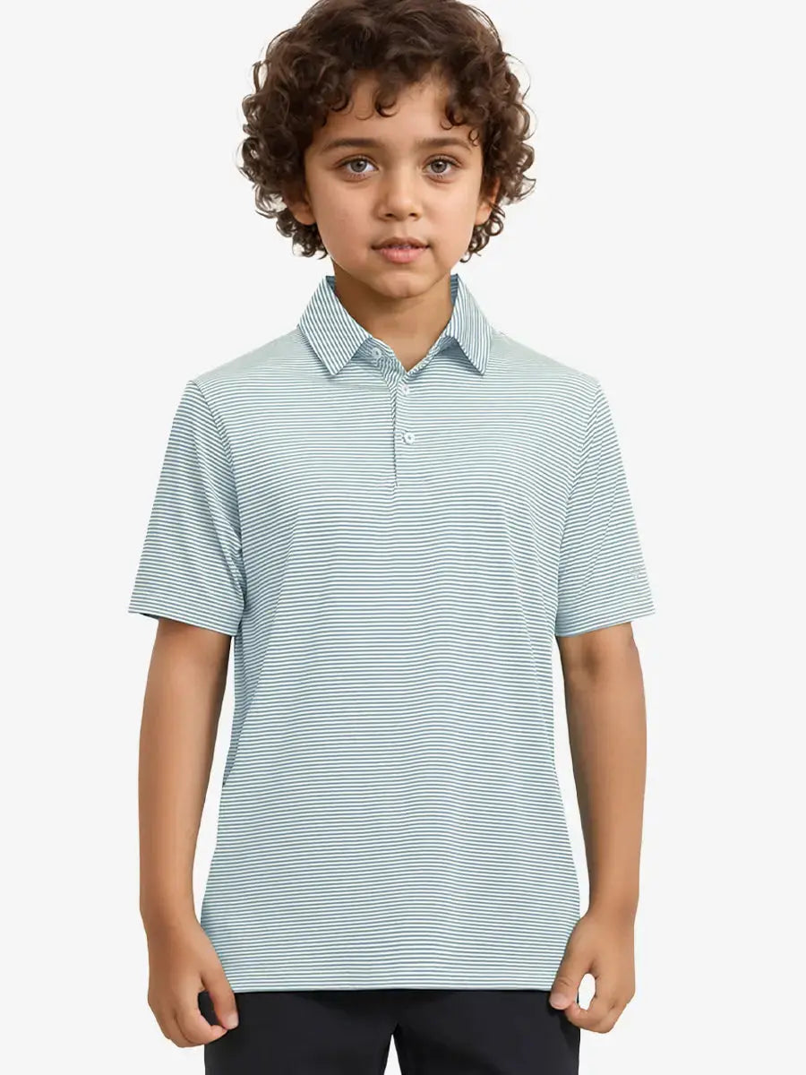 MAELREG Youth Polo – half-body front view, neutral pose in Yellow Stripe