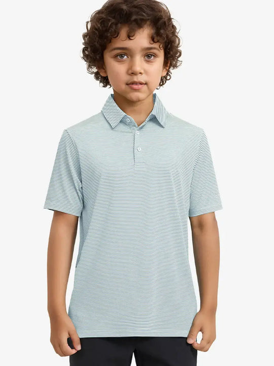 MAELREG Youth Polo – half-body front view, neutral pose in Yellow Stripe