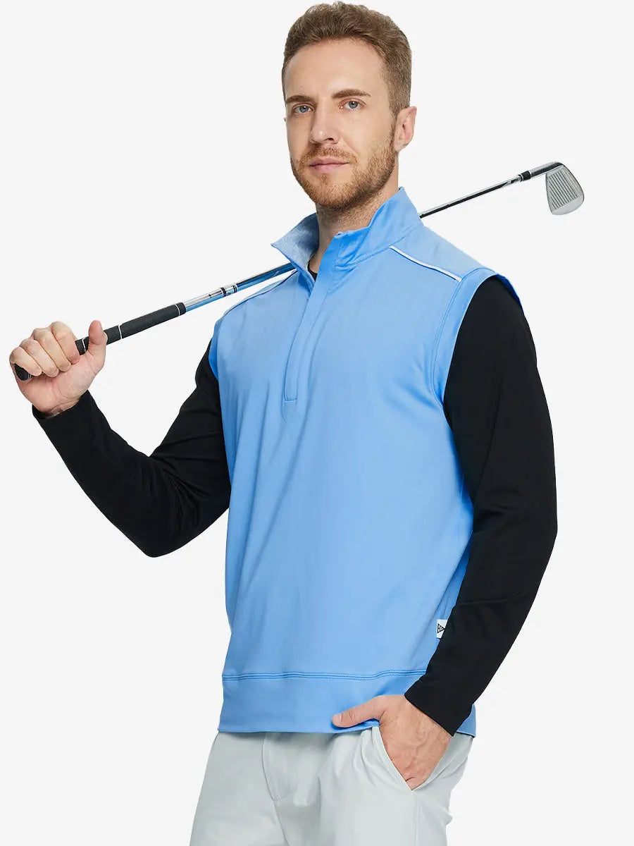 Half-body front view of model holding golf club wearing SKY BLUE Stretch Solid Fleece Quarter-Zip Vest.								
