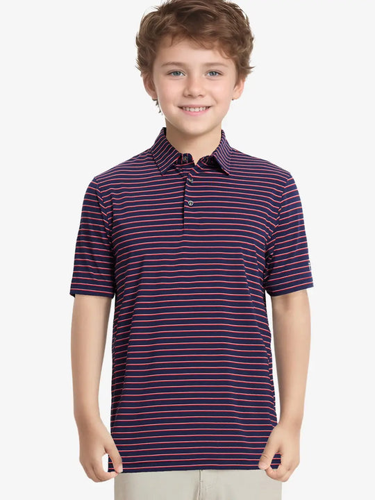 Half-body front view of model in NAVY/RED STRIPE Youth Performance Golf Polo.