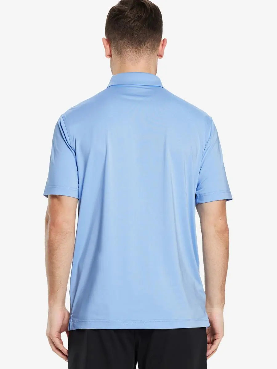 Back half-body view of male model wearing the Light Blue Everyday Classic Solid Polo