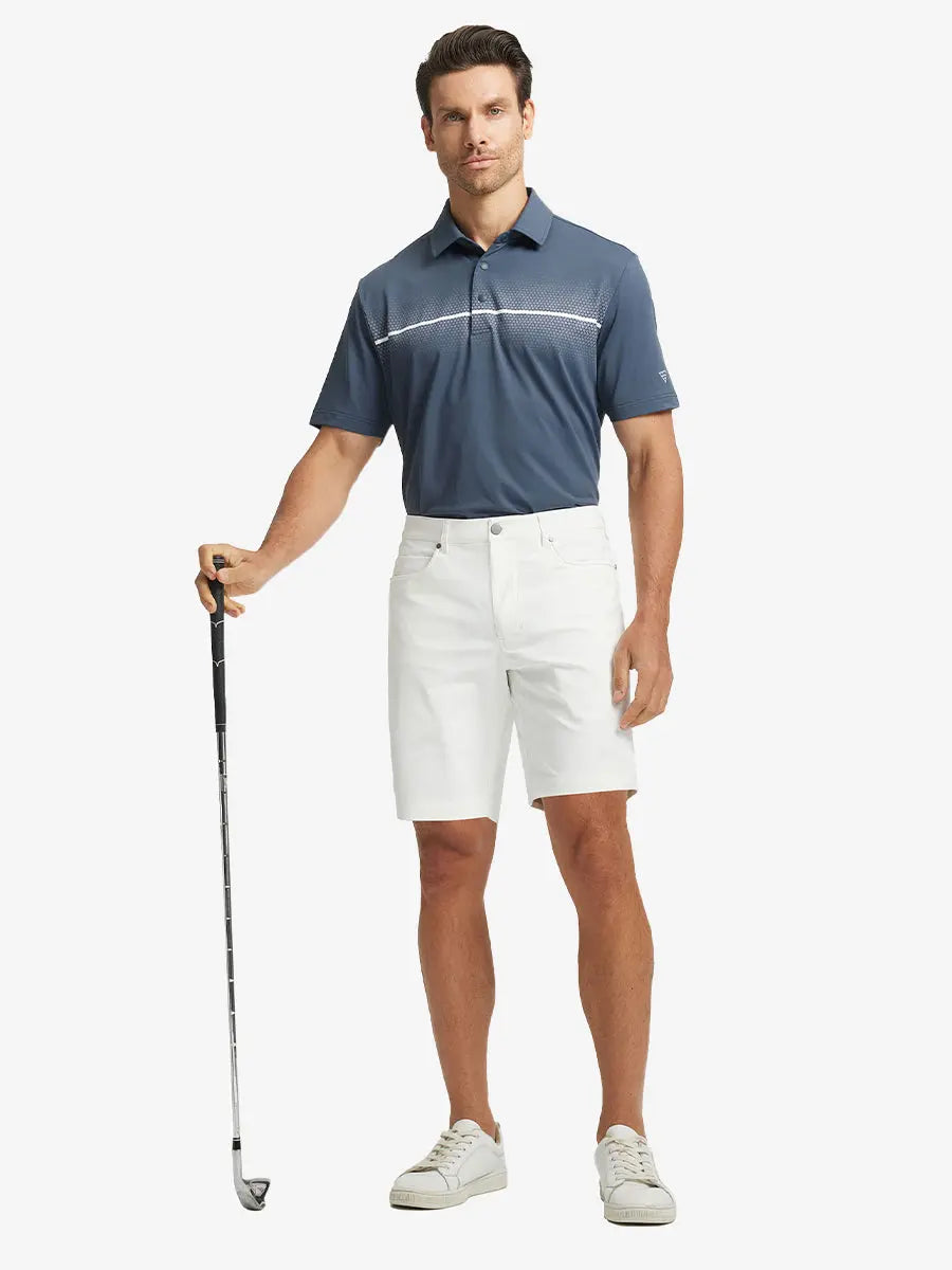 WHITE 4-way Stretch Performance Solid Shorts, golfer full-body front with club, 9 Inch length