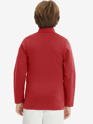 Model in kids soft lightweight fleece lined jacket in red, showing back half-body view.