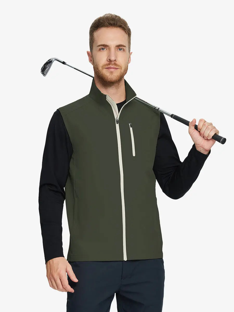 showcasing the olive green windproof golf vest, holding a golf club, highlighting its natural design and functionality
