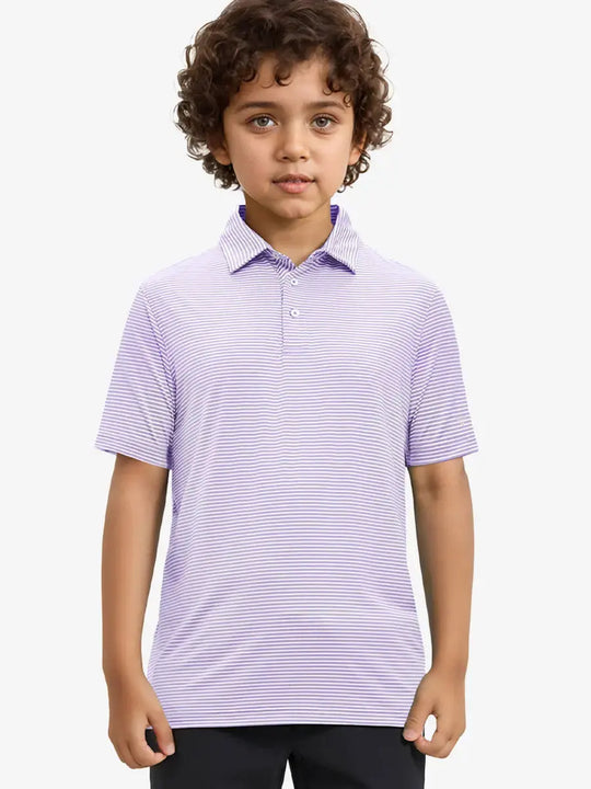 MAELREG Youth Polo – half-body front view, neutral pose in Lavender White Stripe